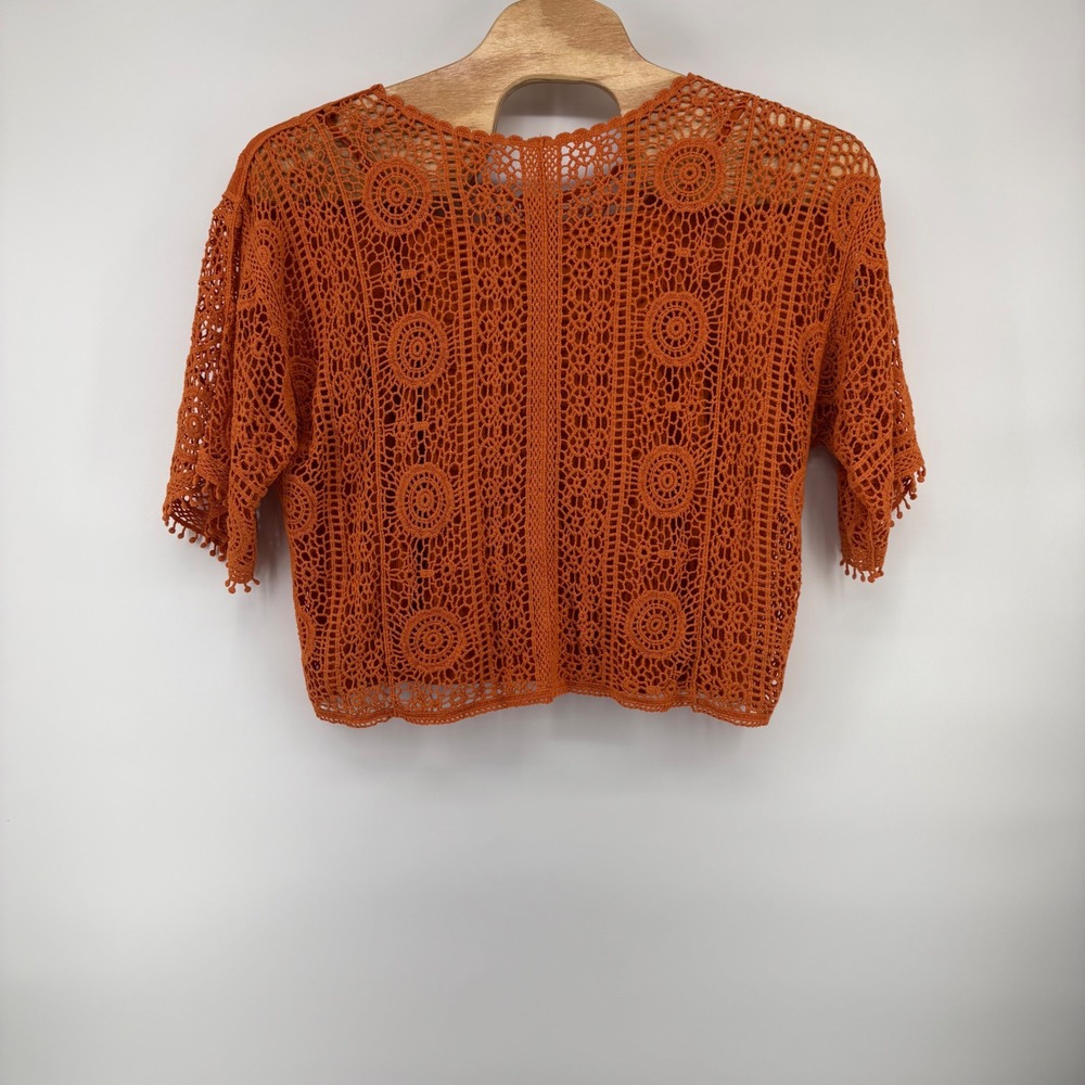 One World Rust Orange Crochet Lace Floral Top M Boho Boxy Crop Oversized Qauzy - Picture 4 of 7